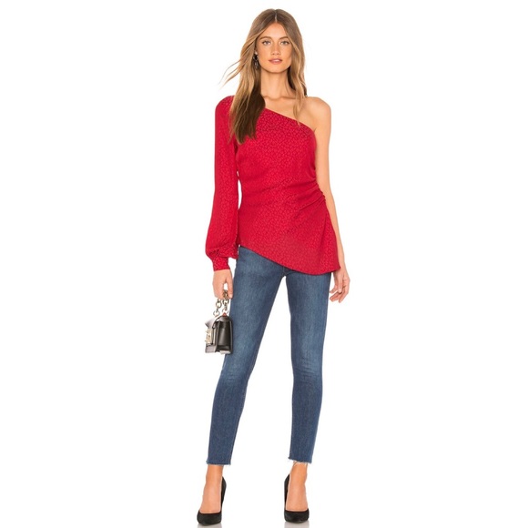 NEW L’ACADEMIE REVOLVE RED PRINTED ONE-SHOULDER BLOUSE - Picture 8 of 8